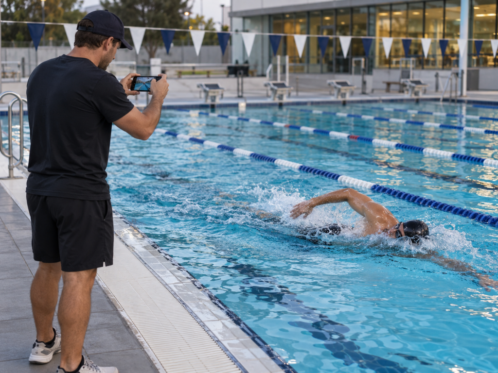 Swimming coach recording a freestyle swimmer from the pool deck for technique analysis